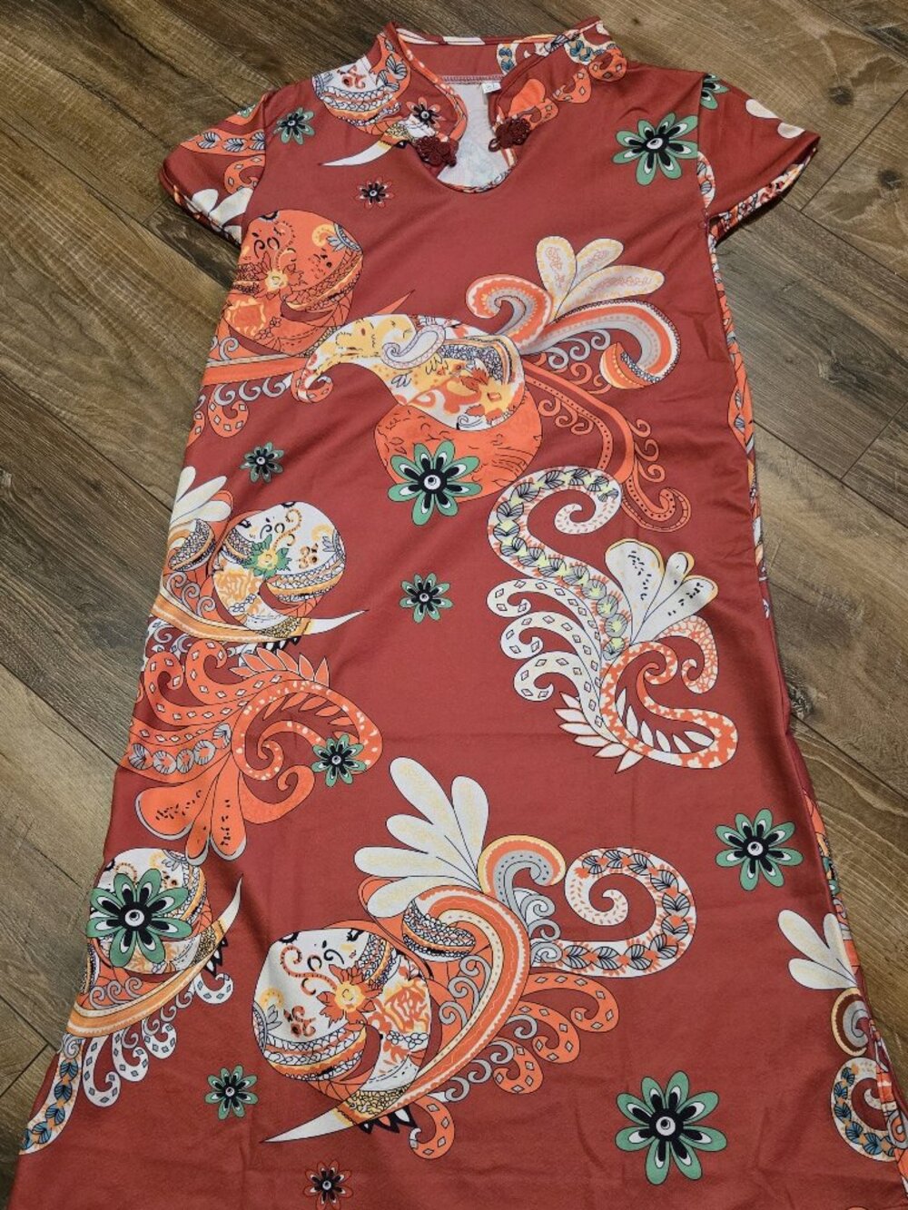 Vintage Style Red Paisley Qipao Dress Modern Cheongsam with Mandarin Collar XL